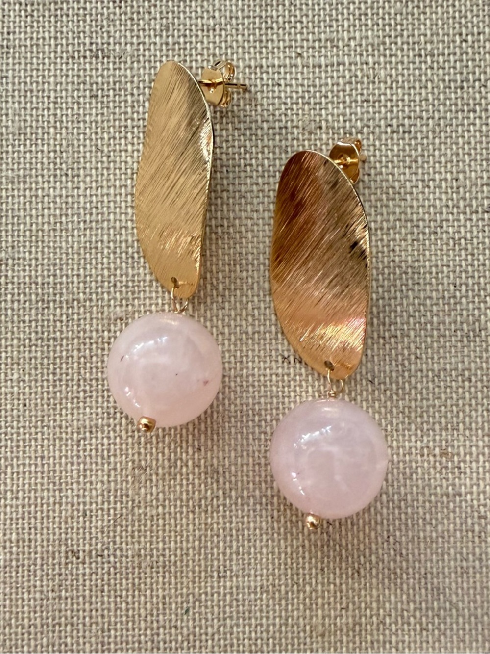 Gold Plated Drop Stud Earrings with Rose Quartz Round Bead Statement Summer